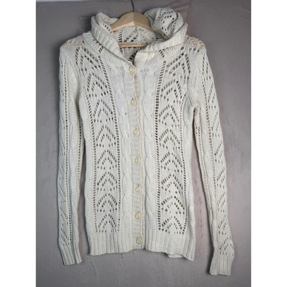 Moth Sweaters - Moth Anthropologie Hooded Cardigan Womens Small Ivory Wool Angora Pointelle Knit